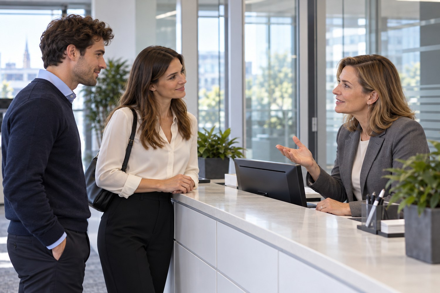 Ingrid, die Empfangsdame, spricht am Tresen mit Jonas und Marta (Symbolbild)