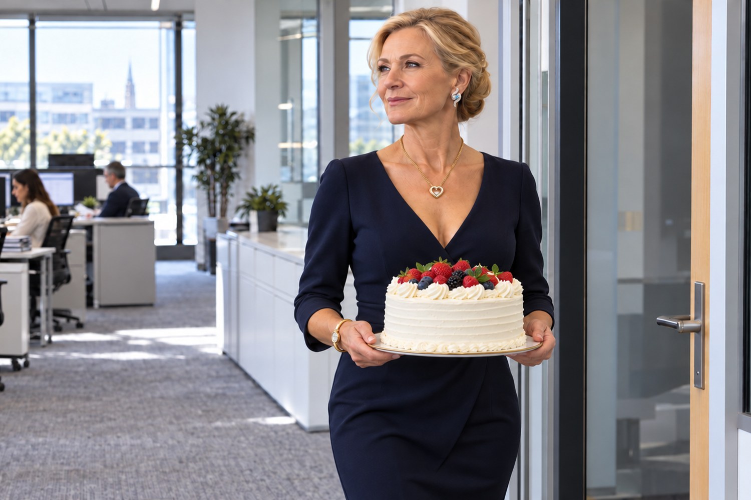 Helena geht mit einer Torte durchs Büro, mit Herzkette, Ohrringen und Armband, während im Hintergrund das Team arbeitet (Symbolbild)